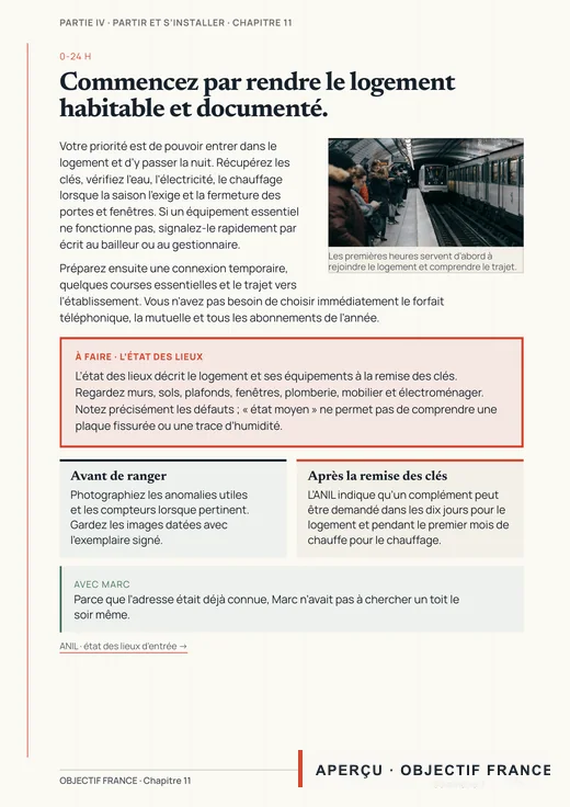 Page réelle du guide consacrée à l’arrivée en France